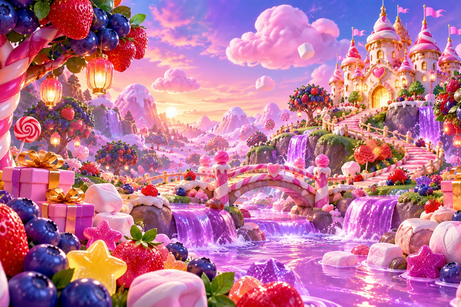 An illustrated candy kingdom filled with glossy sweets and juicy fruit