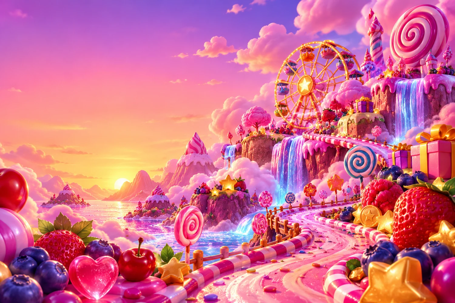 A bright confectionery landscape with fruit, gifts and sugar colours