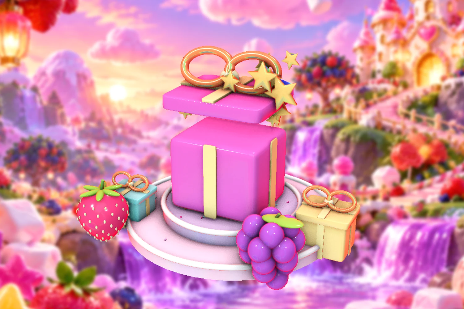 A dimensional candy celebration with wrapped presents and stars