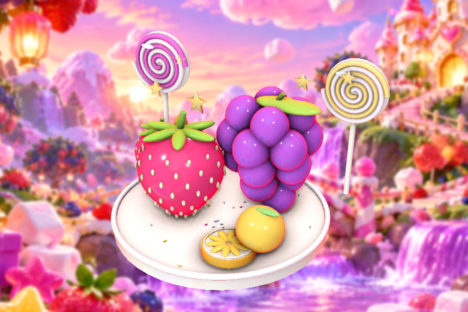 A colourful arrangement of berry sweets and shiny fruit